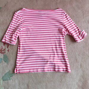 Lauren Ralph Lauren Pink & White Striped Cotton Short Cuffed Sleeves Shirt-L